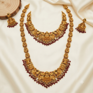 Antique Gold Lakshmi Peacock Temple Jewellery Combo Set with Long Haram, Short Necklace & Earrings