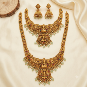 Lakshmi Peacock Bridal Combo Set with Short Necklace, Long Haram & Jhumkas