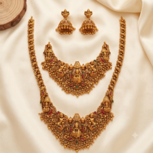 Temple Mandap Lakshmi Musician Motif Bridal Combo with Long Haram & Jhumkas