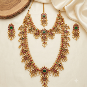 Trending Ruby Green Guttapusalu Bridal Combo Set with Long Haram & Maang Tikka