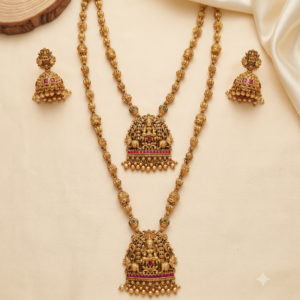 Lakshmi Temple Short Necklace & Long Haram Combo with Jhumka Earrings