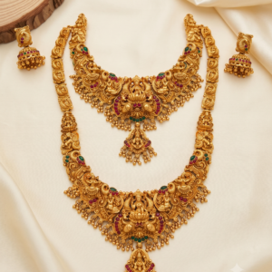 Lakshmi Temple Jewellery Combo Set with Long Haram, Short Necklace & Jhumka – 2 Colours