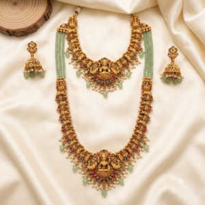 Mint Green Bead Lakshmi Peacock Short Necklace & Long Haram Combo Set