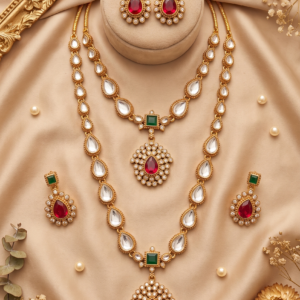 Kundan Teardrop Long & Short Necklace Combo Set with Earrings – 3 Colours