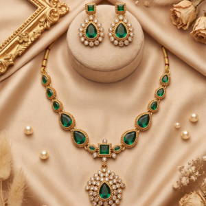 Kundan-Style Teardrop Pendant Short Necklace Set with Matching Earrings – 3 Colour Options