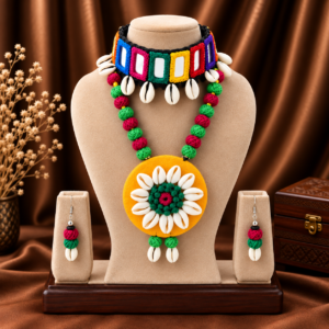 Navratri multicolour mirror work cowrie shell necklace set with earrings