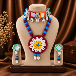 Navratri mirror work cowrie shell multicolour necklace set with earrings