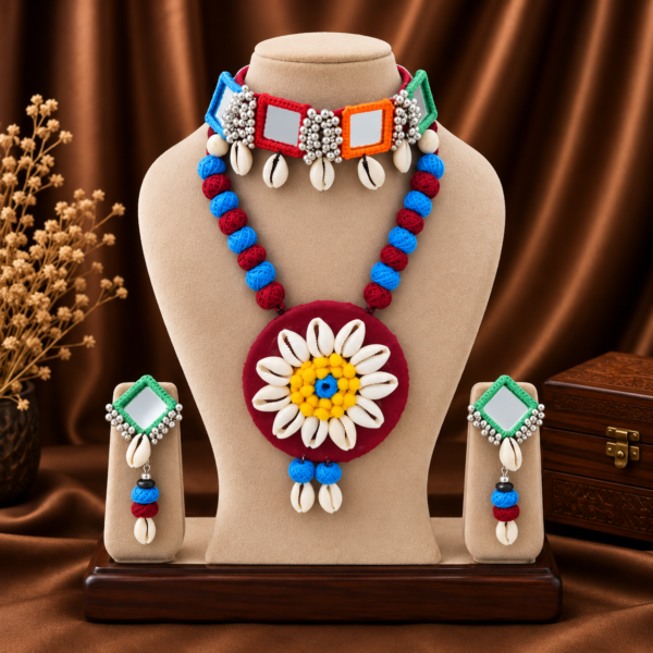 Navratri mirror work cowrie shell multicolour necklace set with earrings