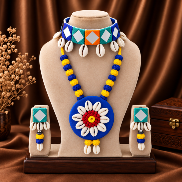 Navratri multicolour mirror work cowrie shell necklace set with earrings