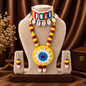 Navratri multicolour mirror work cowrie shell statement necklace set with earrings