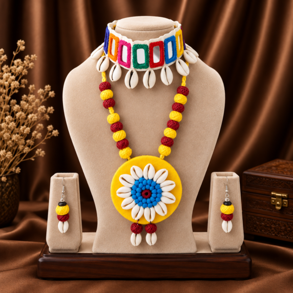 Navratri multicolour mirror work cowrie shell statement necklace set with earrings