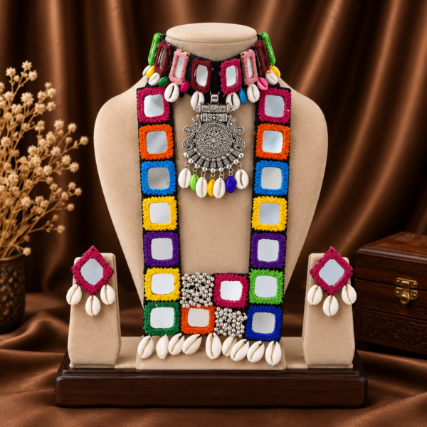 Navratri multicolour mirror work long necklace set with oxidised pendant and earrings