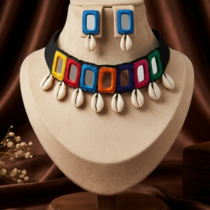 Navratri multicolour mirror work cowrie shell choker necklace set with earrings