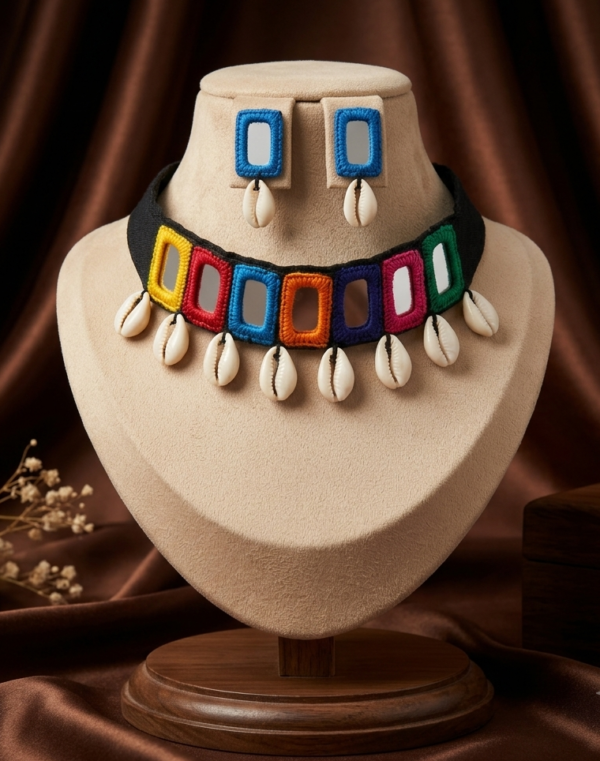 Navratri multicolour mirror work cowrie shell choker necklace set with earrings