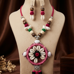 Navratri cowrie shell statement pendant necklace set with matching earrings