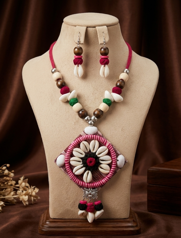 Navratri cowrie shell statement pendant necklace set with matching earrings