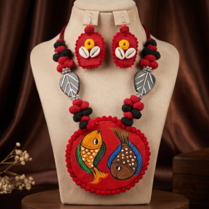 Navratri red and black cowrie shell thread statement necklace set with earrings