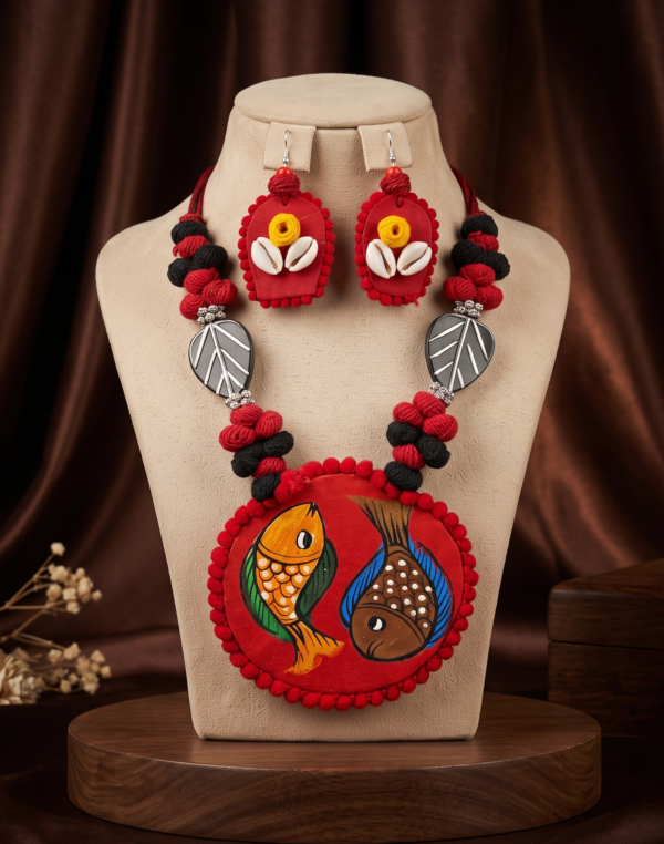 Navratri red and black cowrie shell thread statement necklace set with earrings