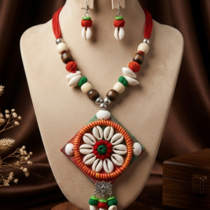 Navratri orange cowrie shell diamond pendant thread necklace set with earrings