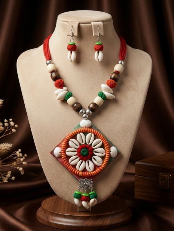 Navratri orange cowrie shell diamond pendant thread necklace set with earrings