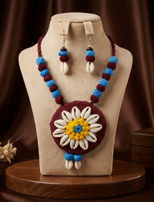 Navratri maroon and blue cowrie shell thread statement necklace set with earrings