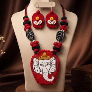 Navratri Ganeshji red and black thread statement necklace set with earrings