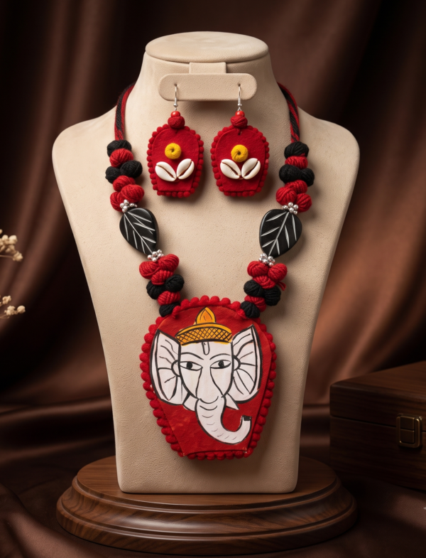 Navratri Ganeshji red and black thread statement necklace set with earrings