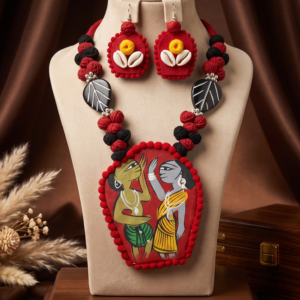 Navratri folk art red and black thread statement necklace set with earrings