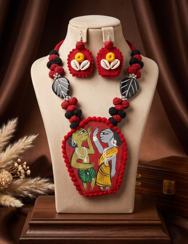 Navratri folk art red and black thread statement necklace set with earrings