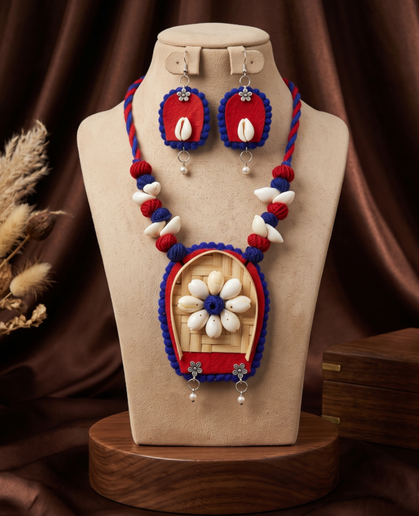 Navratri red and blue cowrie shell thread statement necklace set with earrings