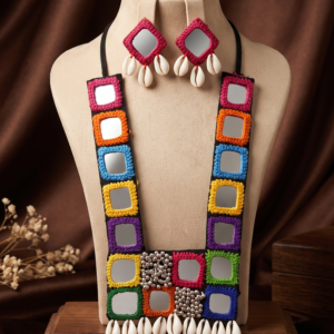 Navratri multicolour mirror work cowrie shell statement necklace set with earrings
