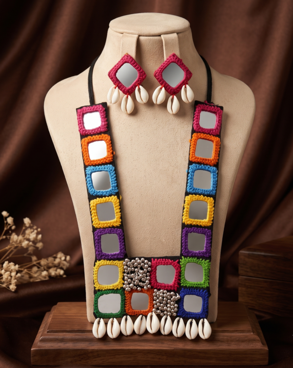 Navratri multicolour mirror work cowrie shell statement necklace set with earrings