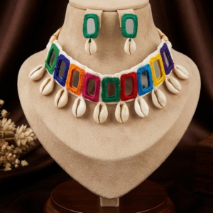 Navratri multicolour mirror work cowrie shell choker necklace set with earrings