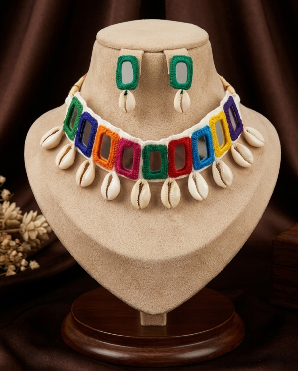 Navratri multicolour mirror work cowrie shell choker necklace set with earrings