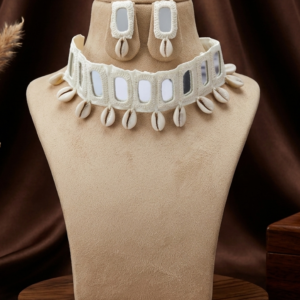 Navratri white mirror work cowrie shell choker necklace set with matching earrings