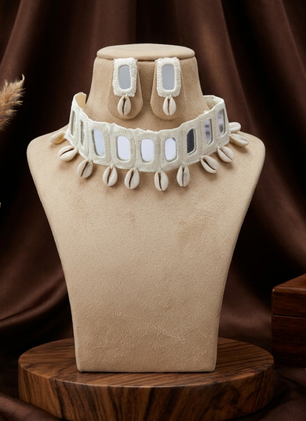 Navratri white mirror work cowrie shell choker necklace set with matching earrings