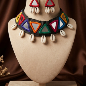Navratri multicolour triangle mirror work cowrie shell choker necklace set with earrings