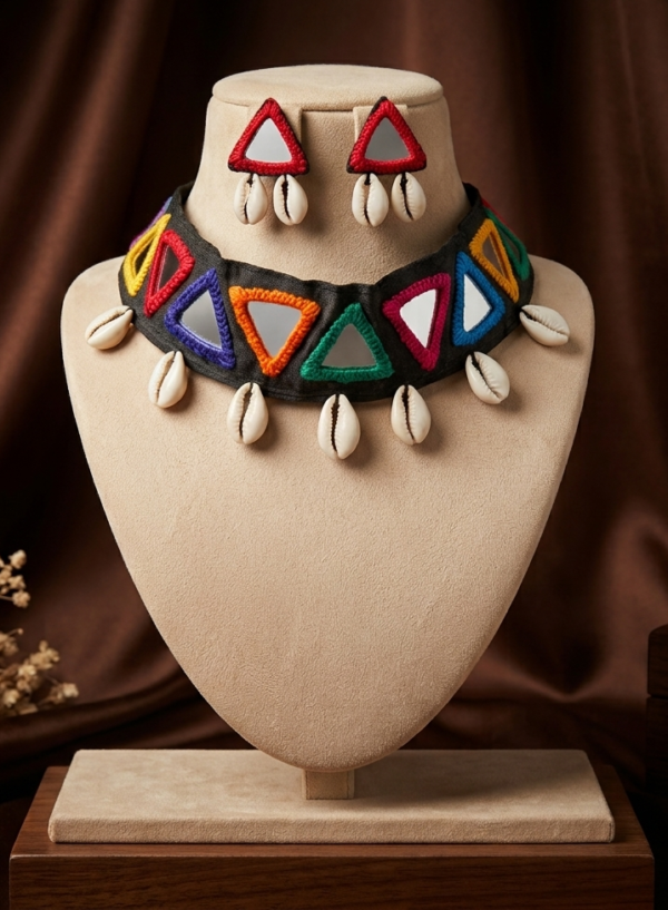 Navratri multicolour triangle mirror work cowrie shell choker necklace set with earrings