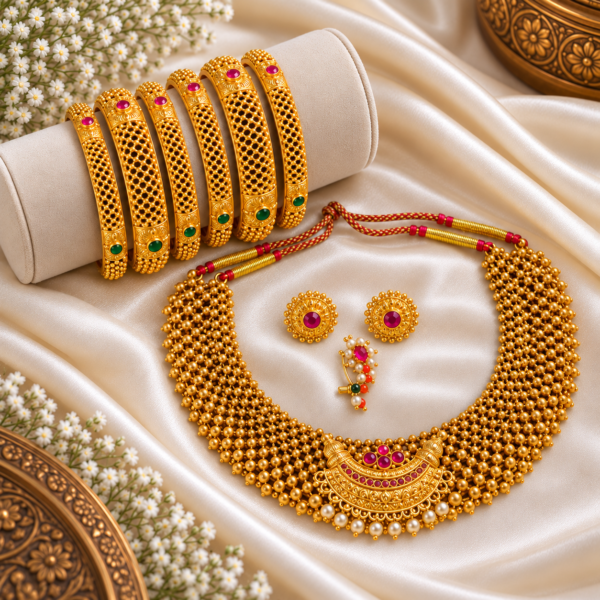Studio flatlay photo of gold plated Maharashtrian thushi choker necklace with crescent ruby pendant and pearl drops, clip-on pearl nath, floral stud earrings, and 6 mesh bangles on ivory satin fabric.