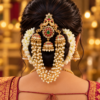 South Indian bride wearing peacock jhumka hair bun jewellery with layered pearl chains and jasmine flowers.