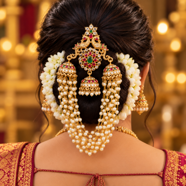 South Indian bride wearing peacock jhumka hair bun jewellery with layered pearl chains and jasmine flowers.