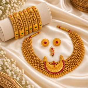 Studio flatlay of gold plated Maharashtrian thushi choker necklace with crescent ruby pendant, clip-on pearl nath, floral stud earrings, and 6 mesh bangles on ivory satin fabric.