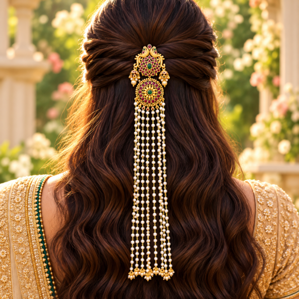 Bride wearing South Indian peacock Jada Billa with ruby green stones and long pearl chains over a half-up half-down hairstyle.