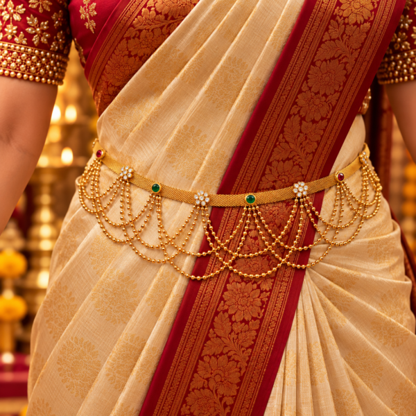 Gold finish ruby green floral Kamarpatta waist belt with white stone flowers and layered gold bead chains worn over a cream silk saree with maroon border.