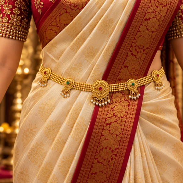 Traditional gold finish Kamarpatta waist belt with ruby green stones and pearl-style drops styled over a cream silk saree with maroon border.