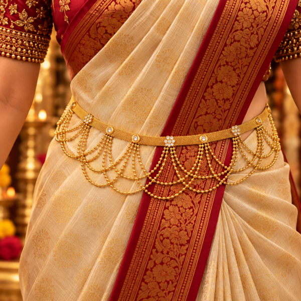 Gold finish white stone floral Kamarpatta waist belt with layered gold bead chains worn over a cream silk saree with maroon border.