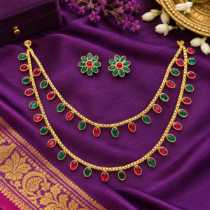 Ruby emerald double layer oval stone necklace set with floral earrings