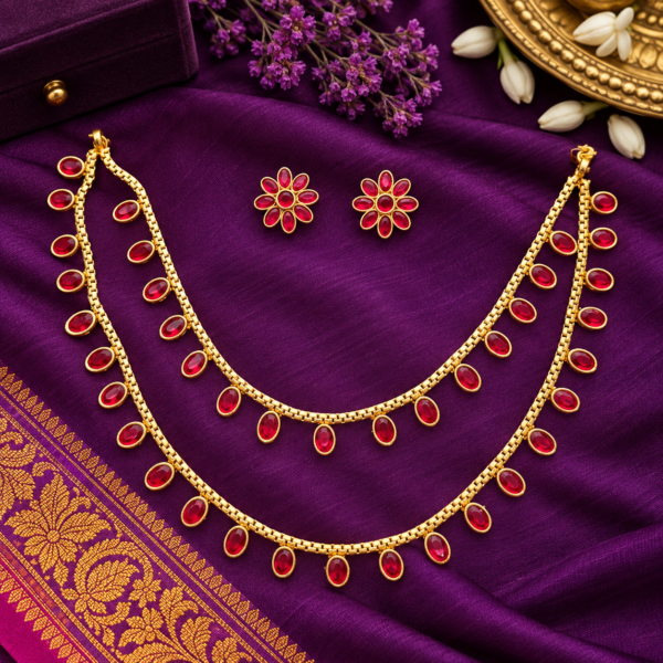 Ruby red double layer oval stone necklace set with matching floral earrings