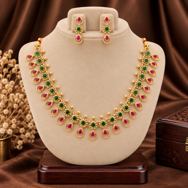 Ruby emerald teardrop stone traditional necklace set with matching earrings