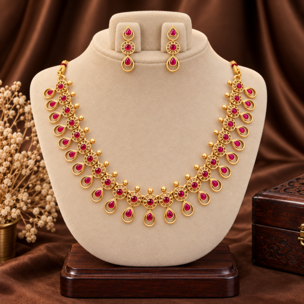 Ruby red teardrop stone traditional necklace set with matching earrings